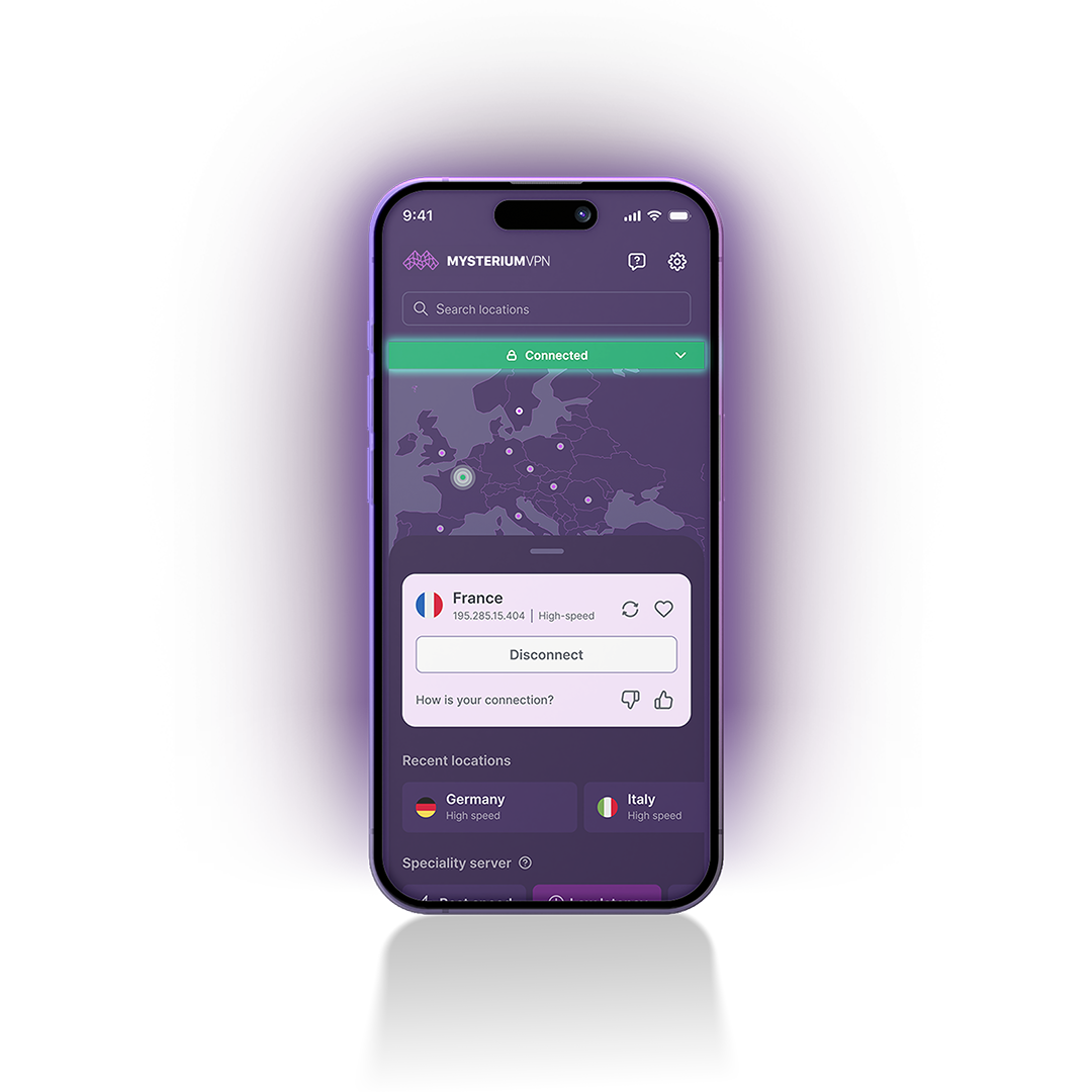 An image of a phone with a Mysterium VPN app loaded on it